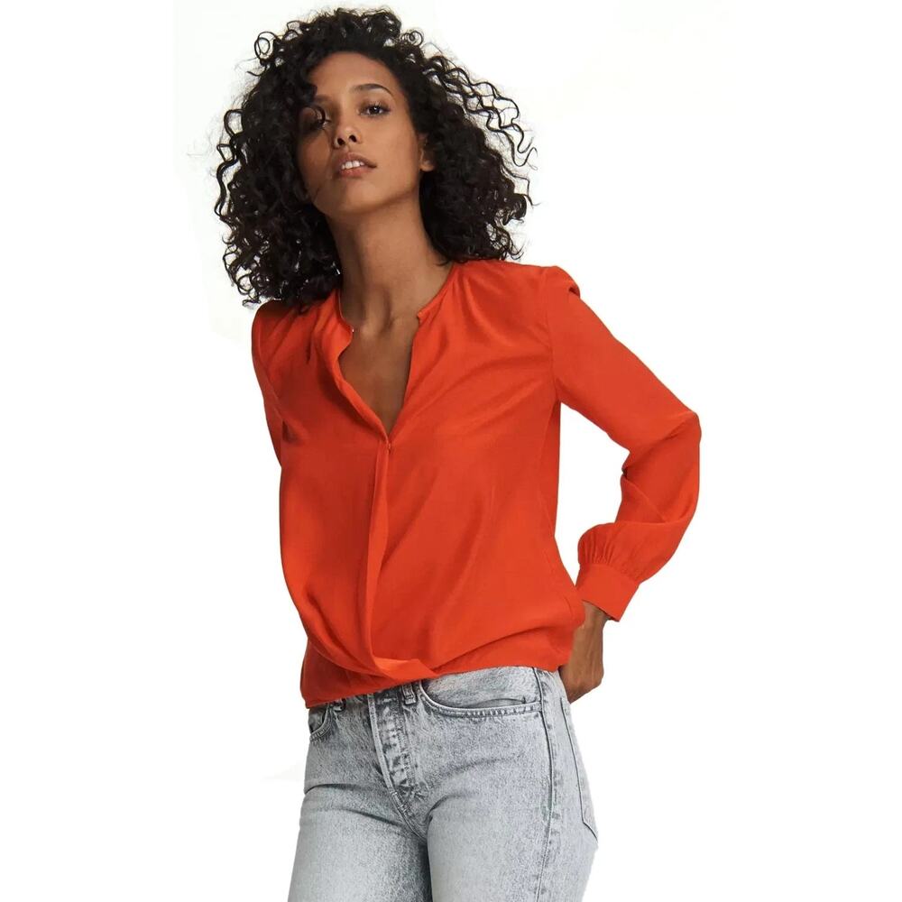 Rag & Bone 100% Silk Blouse, Lora, Red Orange, Hi-Low Hem, Womens Sz S